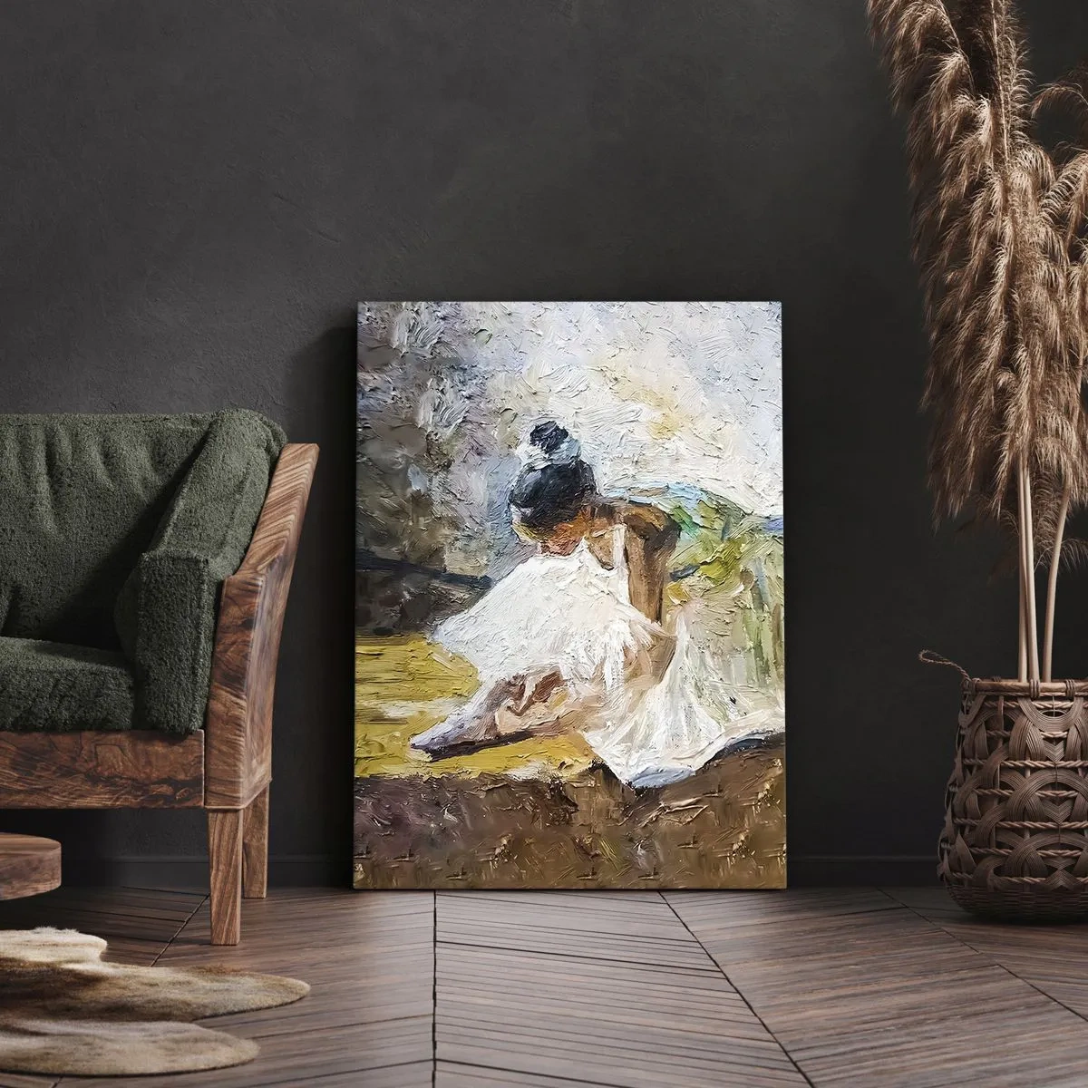 Cuadro sobre lienzo - Impresión de Imagen - Una bailarina con un vestido blanco de estilo pictórico sobre un fondo impresionista. - 50x70cm - De un cuadro de Degas - Decoración de pared moderna para salón y dormitorio ARTTOR