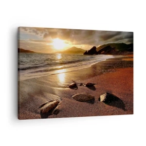 Cuadro sobre lienzo - Impresión de Imagen - Playa al atardecer con piedras en la orilla - 70x50cm - Sigue el sol hacia las colinas - Decoración de pared moderna para salón y dormitorio ARTTOR