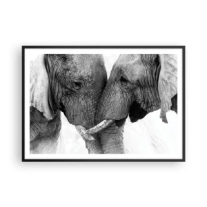 Póster en marco negro - Dos elefantes en un gesto tierno sobre un fondo monocromático. - 100x70cm - Una confesión sincera - Decoración de pared moderna para salón y dormitorio ARTTOR