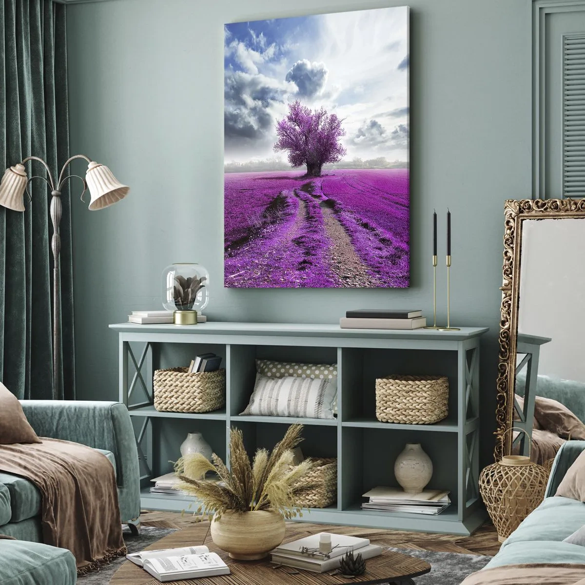 Cuadro sobre lienzo - Impresión de Imagen - Un árbol solitario en un campo de un tono rosa intenso. - 80x120cm - El brezal - un encanto - Decoración de pared moderna para salón y dormitorio ARTTOR