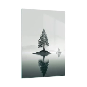Cuadro sobre vidrio - Impresiones sobre Vidrio - Un árbol solitario en una isla y un velero en un lago tranquilo. - 50x70cm - Un sueño hecho realidad - Decoración de pared moderna para salón y dormitorio ARTTOR