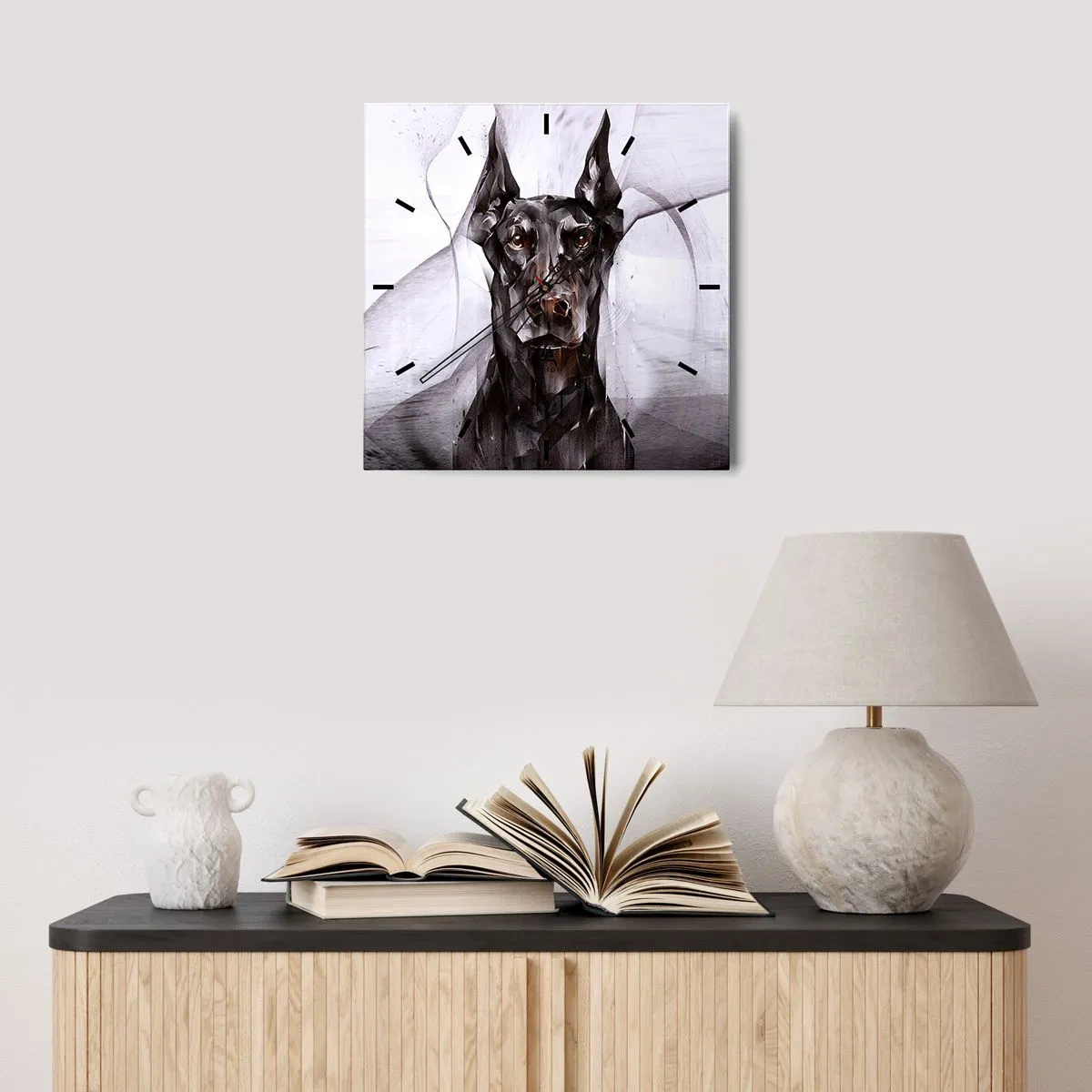 Reloj de pared - Reloj de vidrio - Retrato abstracto de un perro en un enfoque artístico - 30x30cm - Nacido noble - Decoración de pared moderna para salón y dormitorio ARTTOR
