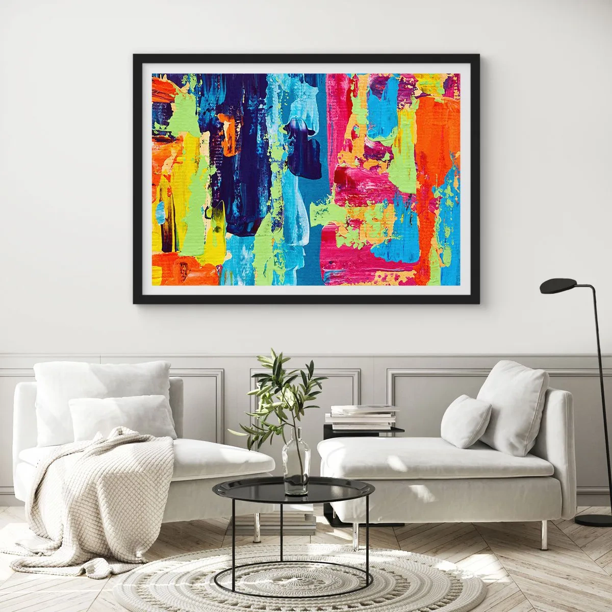 Póster en marco negro - Composición abstracta de colores en forma dinámica. - 70x50cm - ¡La vida es hermosa! - Decoración de pared moderna para salón y dormitorio ARTTOR