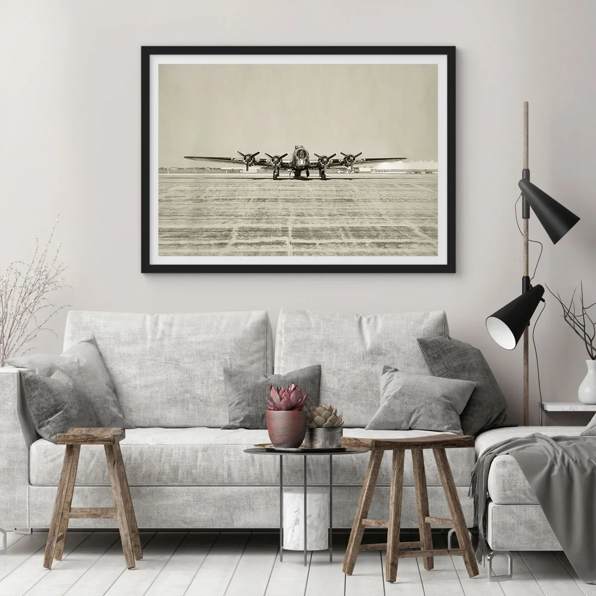 Póster en marco negro - Avión histórico en el aeropuerto en sepia - 100x70cm - Como siempre, preparado - Decoración de pared moderna para salón y dormitorio ARTTOR