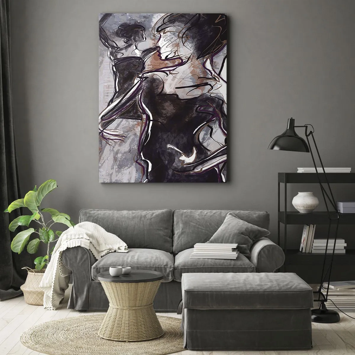 Cuadro sobre lienzo - Impresión de Imagen - Escena de jazz abstracta con un saxofonista y una mujer bailando. - 50x70cm - Fundirse en uno con la música - Decoración de pared moderna para salón y dormitorio ARTTOR