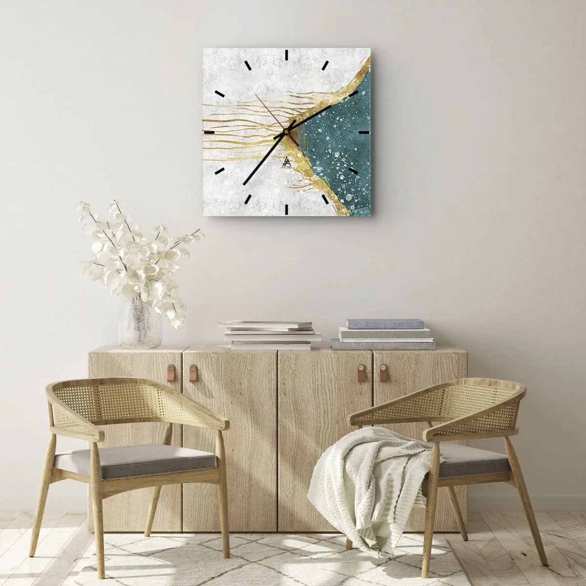 Reloj de pared - Reloj de vidrio - Una composición abstracta en tonos dorados y turquesas. - 30x30cm - Marea dorada - Decoración de pared moderna para salón y dormitorio ARTTOR