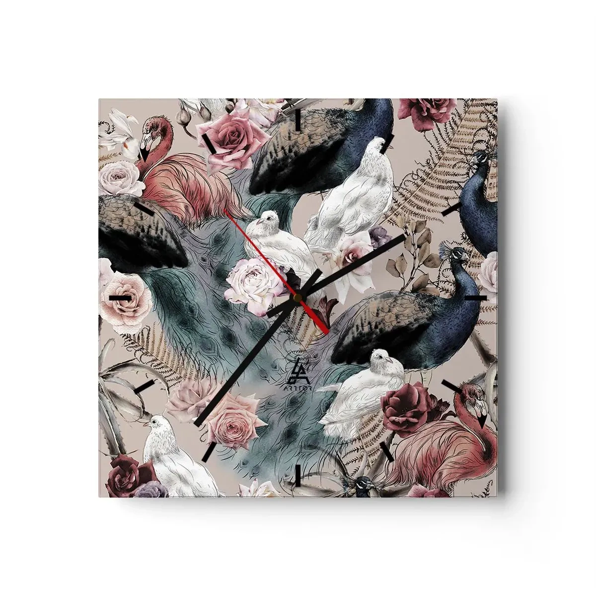 Reloj de pared - Reloj de vidrio - Un paisaje con plumas de pavo real, rosas y pájaros en estilo romántico. - 30x30cm - En un jardín de palacio - Decoración de pared moderna para salón y dormitorio ARTTOR