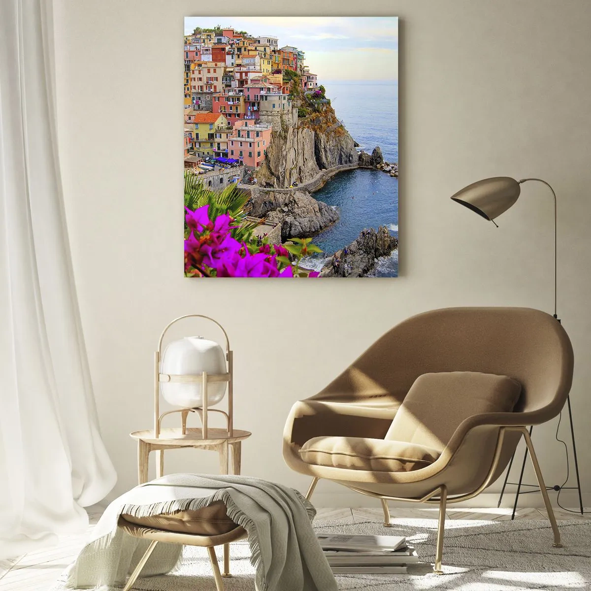Cuadro sobre vidrio - Impresiones sobre Vidrio - Casas coloridas en un acantilado con vistas al mar en un paisaje pintoresco - 80x120cm - La ciudad de la risa - Decoración de pared moderna para salón y dormitorio ARTTOR
