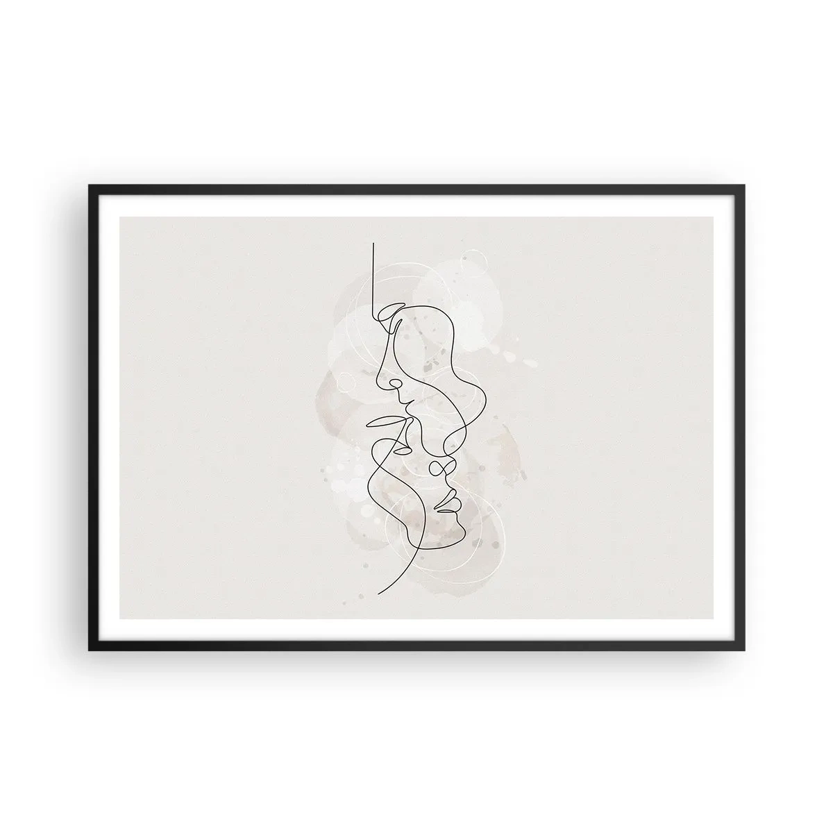 Póster en marco negro - Esquema abstracto de dos caras sobre un fondo claro - 100x70cm - En un abrazo - Decoración de pared moderna para salón y dormitorio ARTTOR