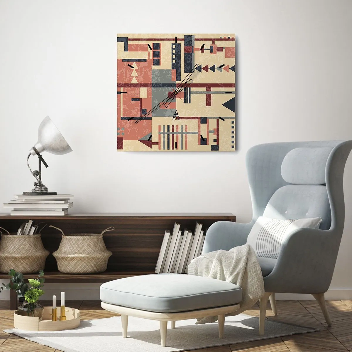 Reloj de pared - Reloj de vidrio - Patrón geométrico en tonos pastel beige, rojo y gris. - 30x30cm - Una combinación de verticales y niveles - Decoración de pared moderna para salón y dormitorio ARTTOR