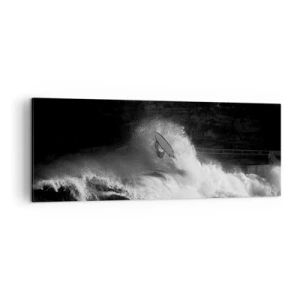 Cuadro sobre lienzo - Impresión de Imagen - Un surfista montando una ola en monocromo. - 140x50cm - Desafío aceptado - Decoración de pared moderna para salón y dormitorio ARTTOR