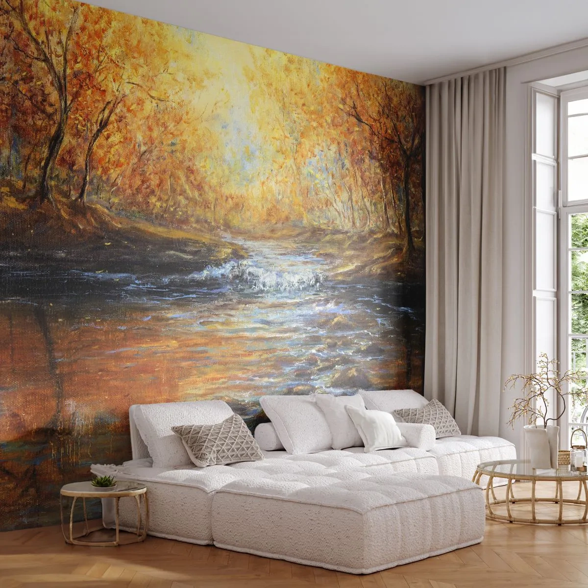 Fotomural Premium Canvas - Arroyo de oro - Paisaje, Arroyo de montaña, Bosque - 250x175 cm