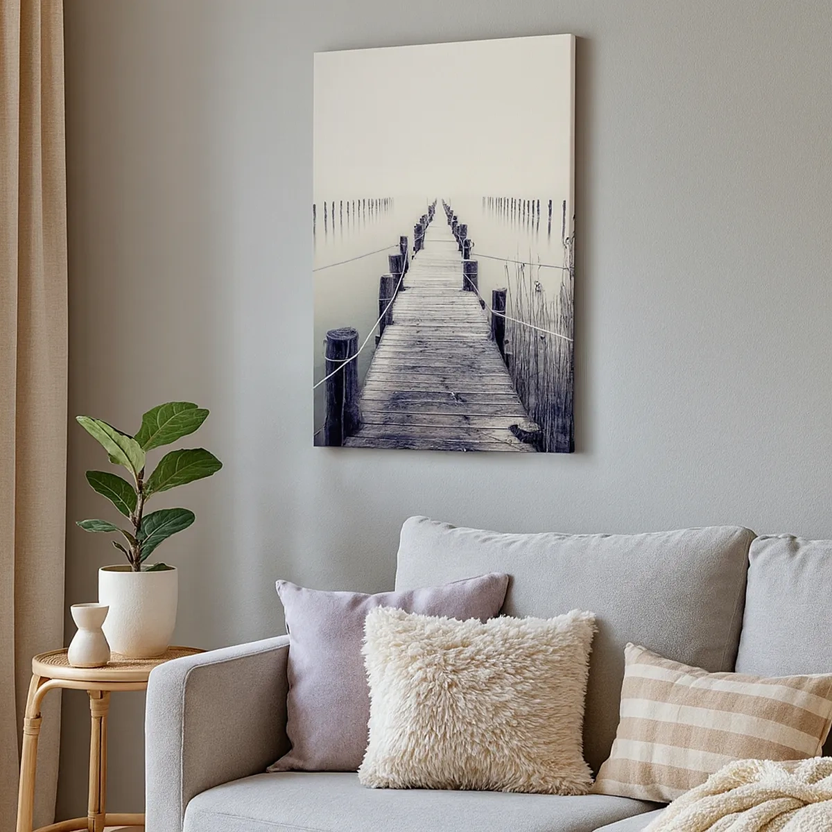 Cuadro sobre lienzo - Impresión de Imagen - Un puente de madera que conduce a un espacio brumoso. - 50x70cm - Sumergirse en la paz - Decoración de pared moderna para salón y dormitorio ARTTOR