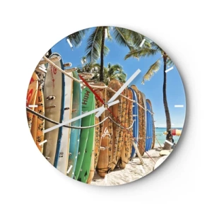 Reloj de pared - Reloj de vidrio - Tablas de surf coloridas con el telón de fondo de una playa y palmeras. - 30x30cm - Diversión soleada - Decoración de pared moderna para salón, cocina y dormitorio ARTTOR