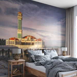 Fotomural Premium Sand - Un pintoresco templo sobre el agua al atardecer. - 100x70cm - Templo de la naturaleza - Decoración de pared moderna para salón y dormitorio ARTTOR