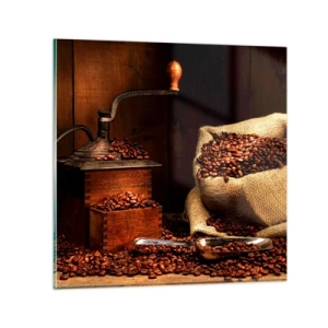 Cuadro sobre vidrio - Impresiones sobre Vidrio - Bodegón con granos de café y molinillo - 40x40 cm