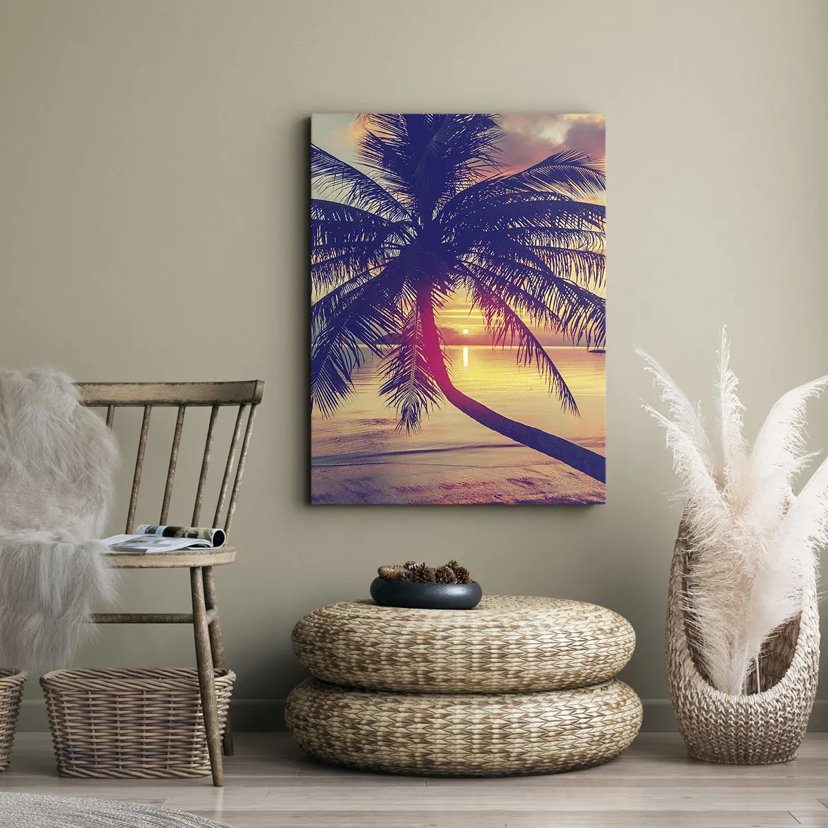Cuadro sobre lienzo - Impresión de Imagen - Puesta de sol con una palmera sobre una orilla tranquila - 70x100cm - Atardecer bajo las palmeras - Decoración de pared moderna para salón y dormitorio ARTTOR