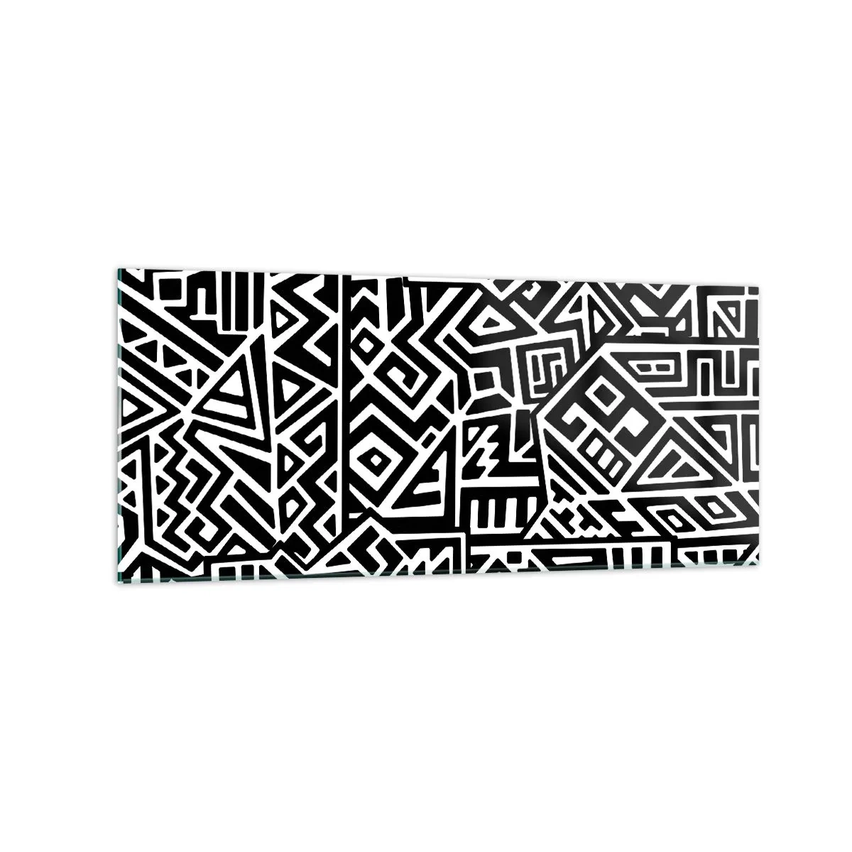 Cuadro sobre vidrio - Impresiones sobre Vidrio - Patrones geométricos en blanco y negro inspirados en la cultura precolombina. - 120x50cm - Composición precolombina - Decoración de pared moderna para salón y dormitorio ARTTOR