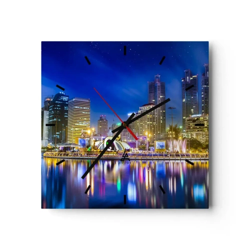 Reloj de pared - Reloj de vidrio - Panorama nocturno de la ciudad con luces reflejadas en el agua. - 30x30cm - La noche del arco iris de la metrópoli - Decoración de pared moderna para salón y dormitorio ARTTOR