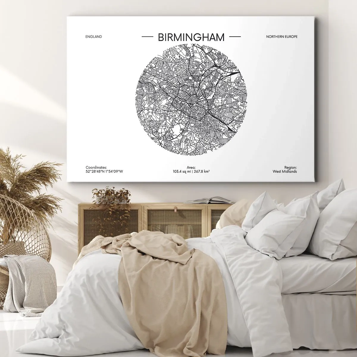 Cuadro sobre lienzo - Impresión de Imagen - Un mapa minimalista en blanco y negro de Birmingham con detalles precisos. - 70x50cm - Anatomía de Birmingham - Decoración de pared moderna para salón y dormitorio ARTTOR