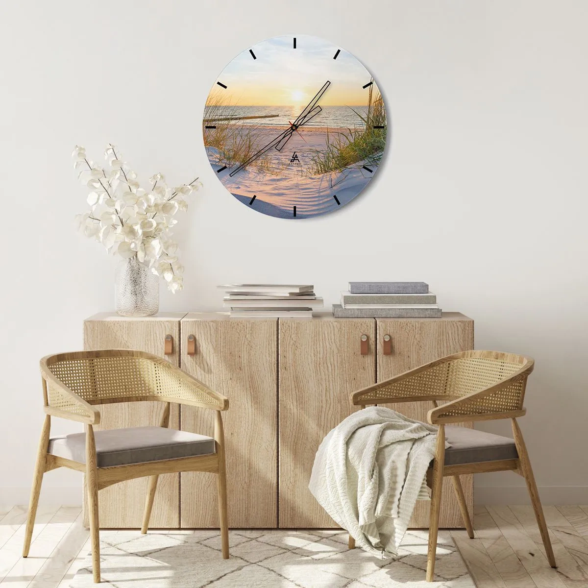 Reloj de pared - Reloj de vidrio - El sonido del mar, el canto de los pájaros, una playa virgen entre las dunas... - 40x40 cm