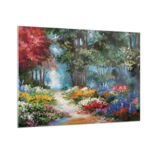 Cuadro sobre vidrio - Impresiones sobre Vidrio - Un colorido jardín forestal con flores florecientes. - 100x70cm - Jardín forestal, bosque floral - Decoración de pared moderna para salón y dormitorio ARTTOR