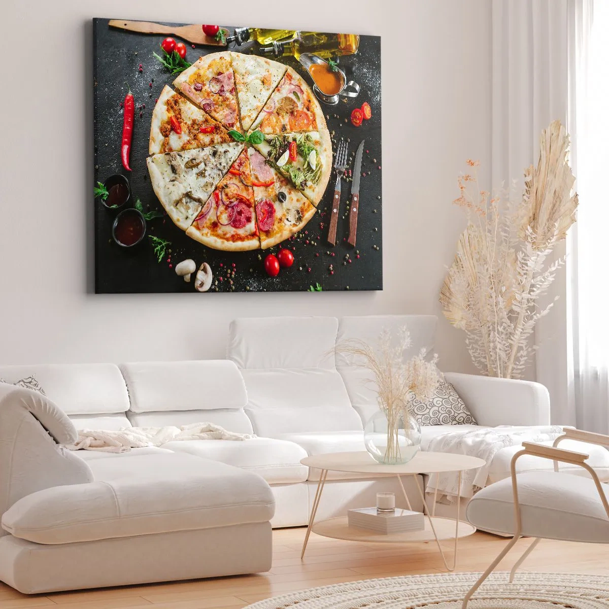 Cuadro sobre lienzo - Impresión de Imagen - Pizza en varios sabores con fondo de ingredientes. - 70x50cm - Una gama de gustos - Decoración de pared moderna para salón y dormitorio ARTTOR