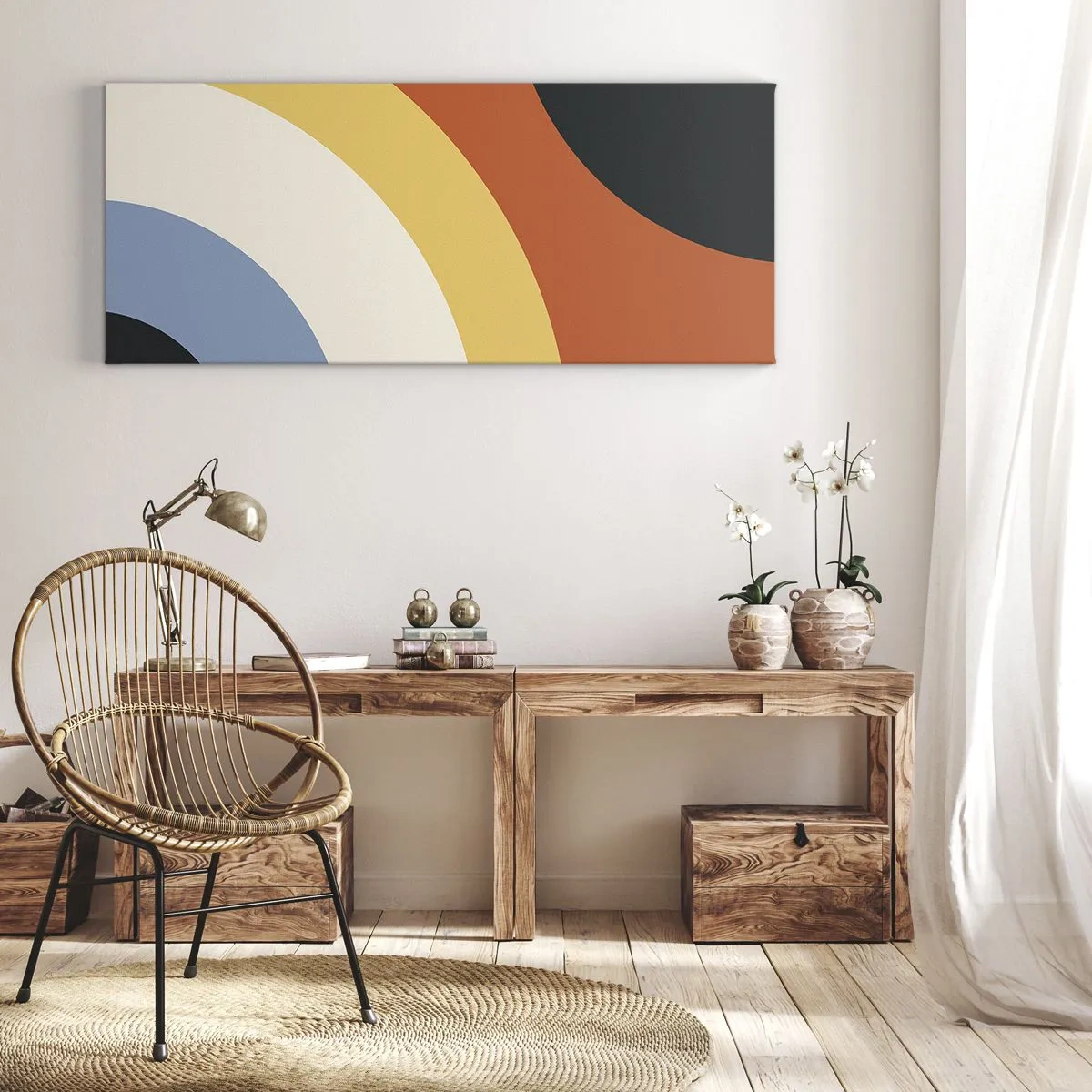 Cuadro sobre lienzo - Impresión de Imagen - Obra de arte abstracta con arcos coloridos y círculos contrastantes. - 120x50cm - Círculo sobre círculo - Decoración de pared moderna para salón y dormitorio ARTTOR