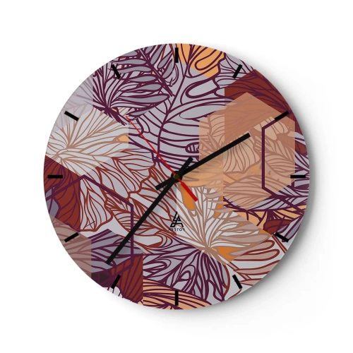 Reloj de pared - Reloj de vidrio - Hojas abstractas en tonos morados, naranjas y beige. - 30x30cm - La unión imposible de la geometría y la naturaleza - Decoración de pared moderna para salón, cocina y dormitorio ARTTOR