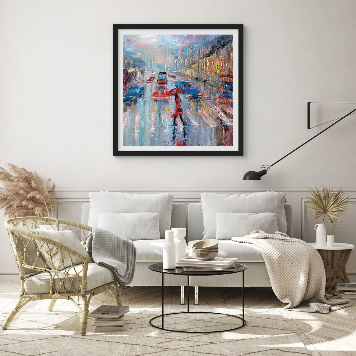 Póster en marco negro - Una tarde de lluvia en la ciudad - 50x50 cm