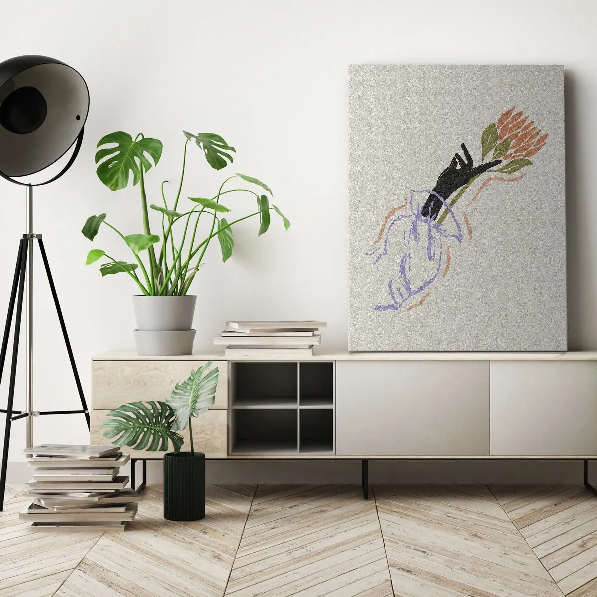Cuadro sobre lienzo - Impresión de Imagen - Un ramo de flores minimalista de estilo delicado. - 80x120cm - Un toque fraternal - Decoración de pared moderna para salón y dormitorio ARTTOR