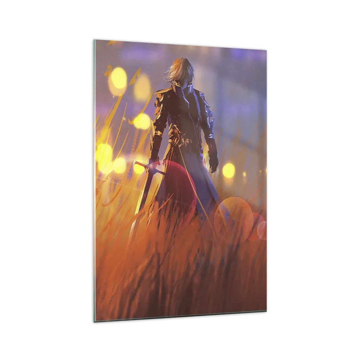 Cuadro sobre vidrio - Impresiones sobre Vidrio - La figura de un caballero a la luz del sol poniente en un campo. - 70x100cm - El caballero equivocado - Decoración de pared moderna para salón y dormitorio ARTTOR