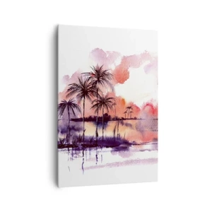 Cuadro sobre lienzo - Impresión de Imagen - Paisaje tropical con palmeras al atardecer en acuarela. - 70x100cm - La calma de los trópicos en rojo - Decoración de pared moderna para salón y dormitorio ARTTOR