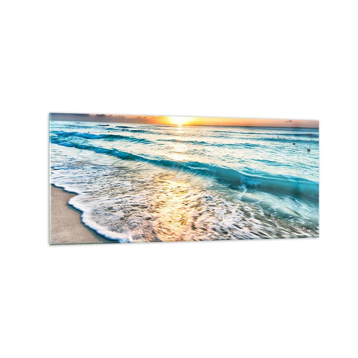 Cuadro sobre vidrio - Impresiones sobre Vidrio - Amanecer sobre una playa tranquila con olas. - 120x50cm - Un espectáculo digno de ver - Decoración de pared moderna para salón y dormitorio ARTTOR