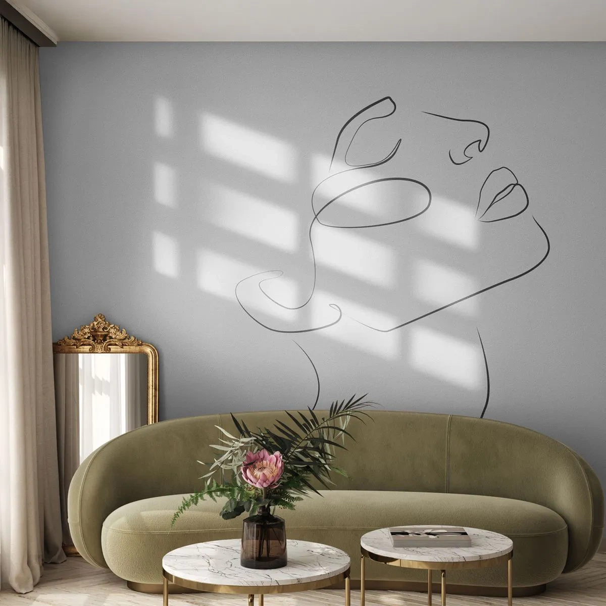 Fotomural Premium Canvas - Un boceto minimalista del rostro de una mujer de perfil. - 100x70cm - Meandros de un sueño - Decoración de pared moderna para salón y dormitorio ARTTOR