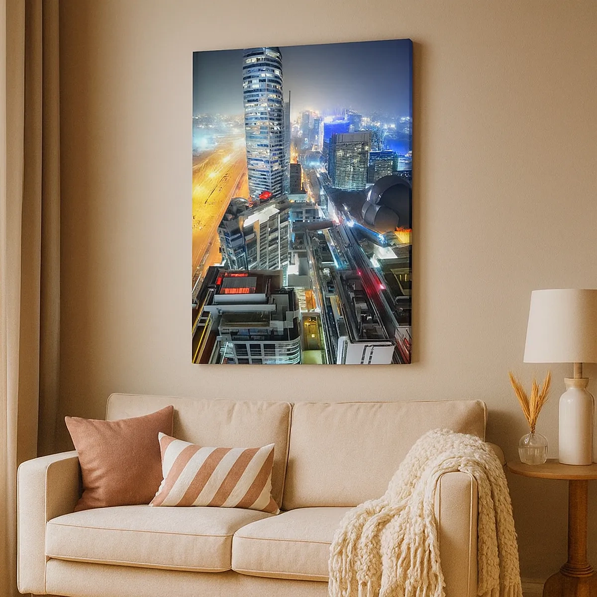 Cuadro sobre lienzo - Impresión de Imagen - Panorama de la ciudad nocturna con rascacielos iluminados - 50x70cm - Un milagro en el desierto - Decoración de pared moderna para salón y dormitorio ARTTOR
