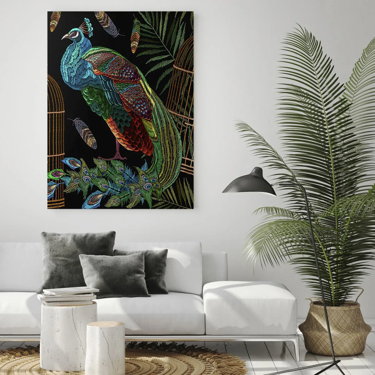 Cuadro sobre vidrio - Impresiones sobre Vidrio - Pavos reales junto a una jaula dorada sobre un fondo negro - 80x120cm - Con plumajes reales - Decoración de pared moderna para salón y dormitorio ARTTOR