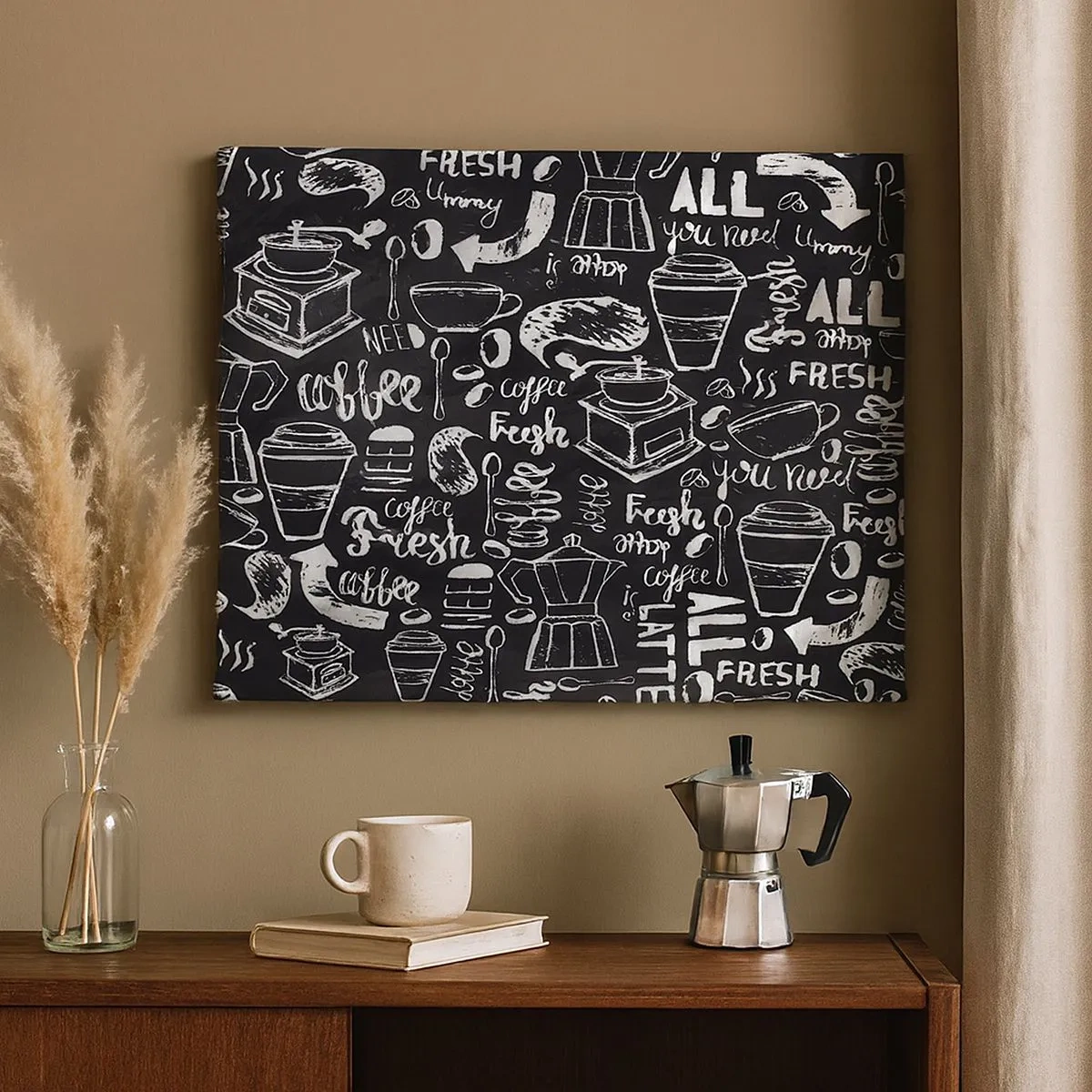 Cuadro sobre lienzo - Impresión de Imagen - Gráficos de café elegantes sobre un fondo negro. - 70x50cm - All you need is… - Decoración de pared moderna para salón y dormitorio ARTTOR