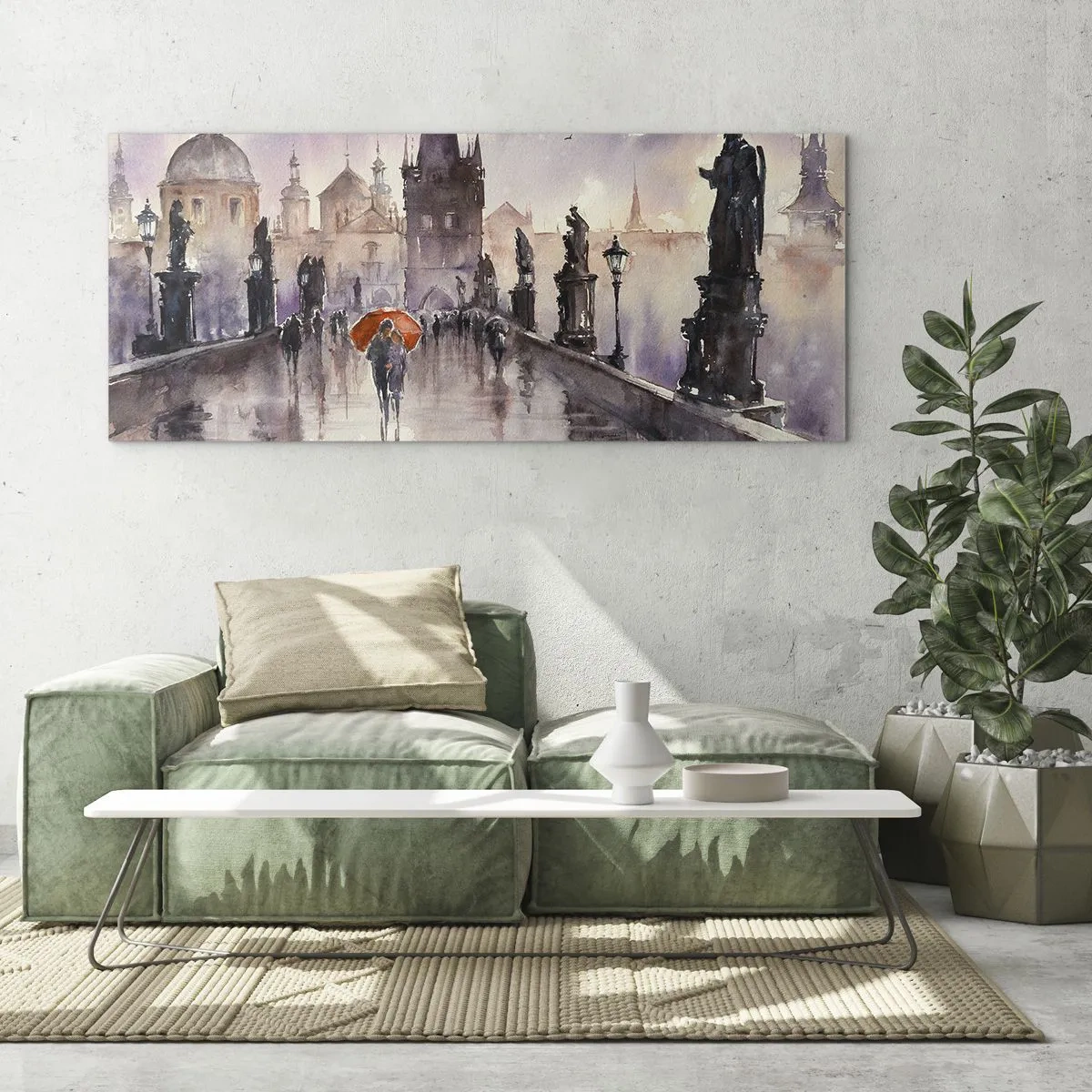 Cuadro sobre vidrio - Impresiones sobre Vidrio - Vista romántica de un puente con un paraguas con el telón de fondo de una ciudad al atardecer. - 140x50cm - La gente no cambia - Decoración de pared moderna para salón y dormitorio ARTTOR