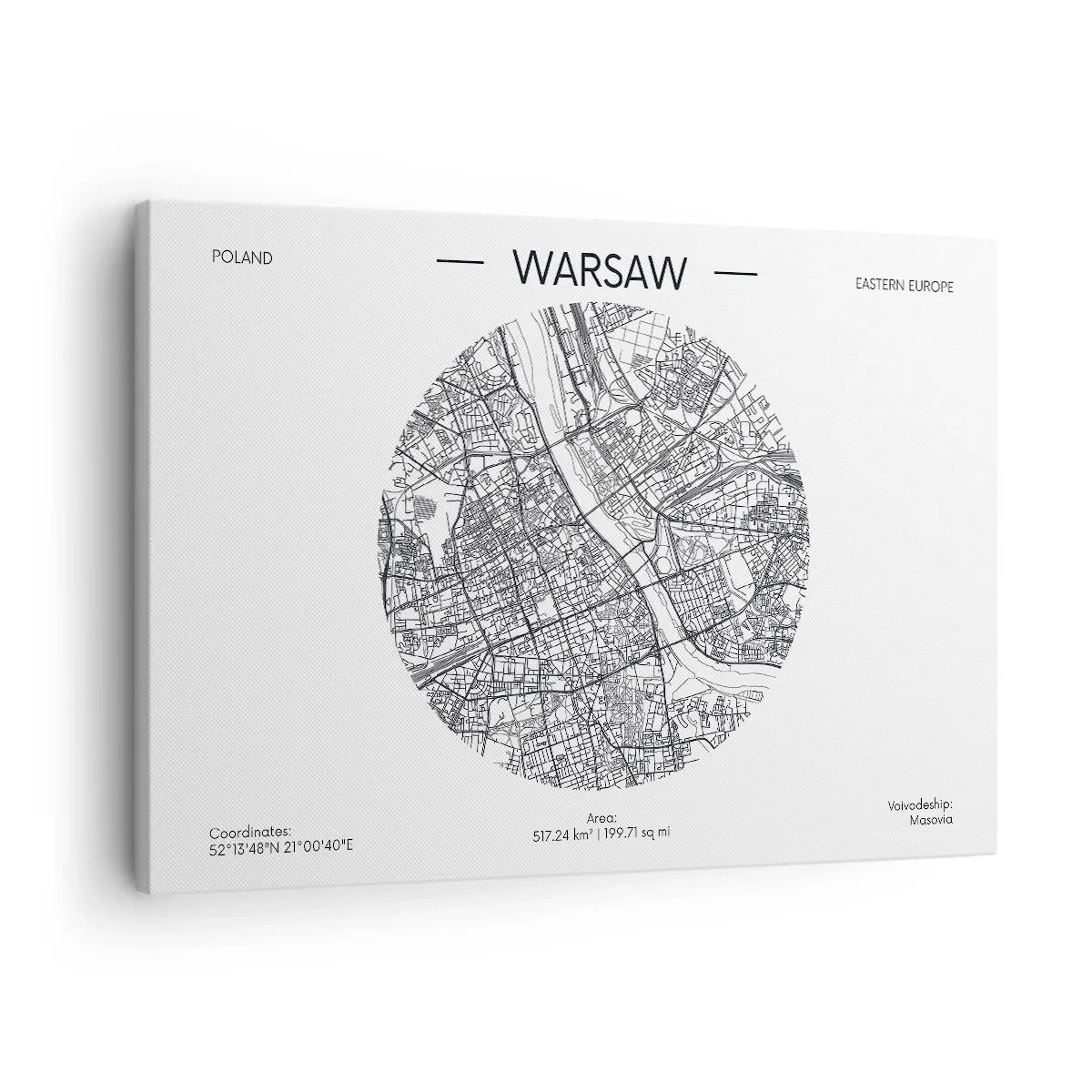 Cuadro sobre lienzo - Impresión de Imagen - Un mapa de Varsovia en estilo minimalista - 70x50cm - Anatomía de Varsovia - Decoración de pared moderna para salón y dormitorio ARTTOR