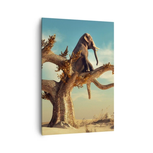 Cuadro sobre lienzo - Impresión de Imagen - Un elefante sentado en un árbol en un paisaje surrealista. - 70x100cm - Un nuevo punto de vista - Decoración de pared moderna para salón y dormitorio ARTTOR