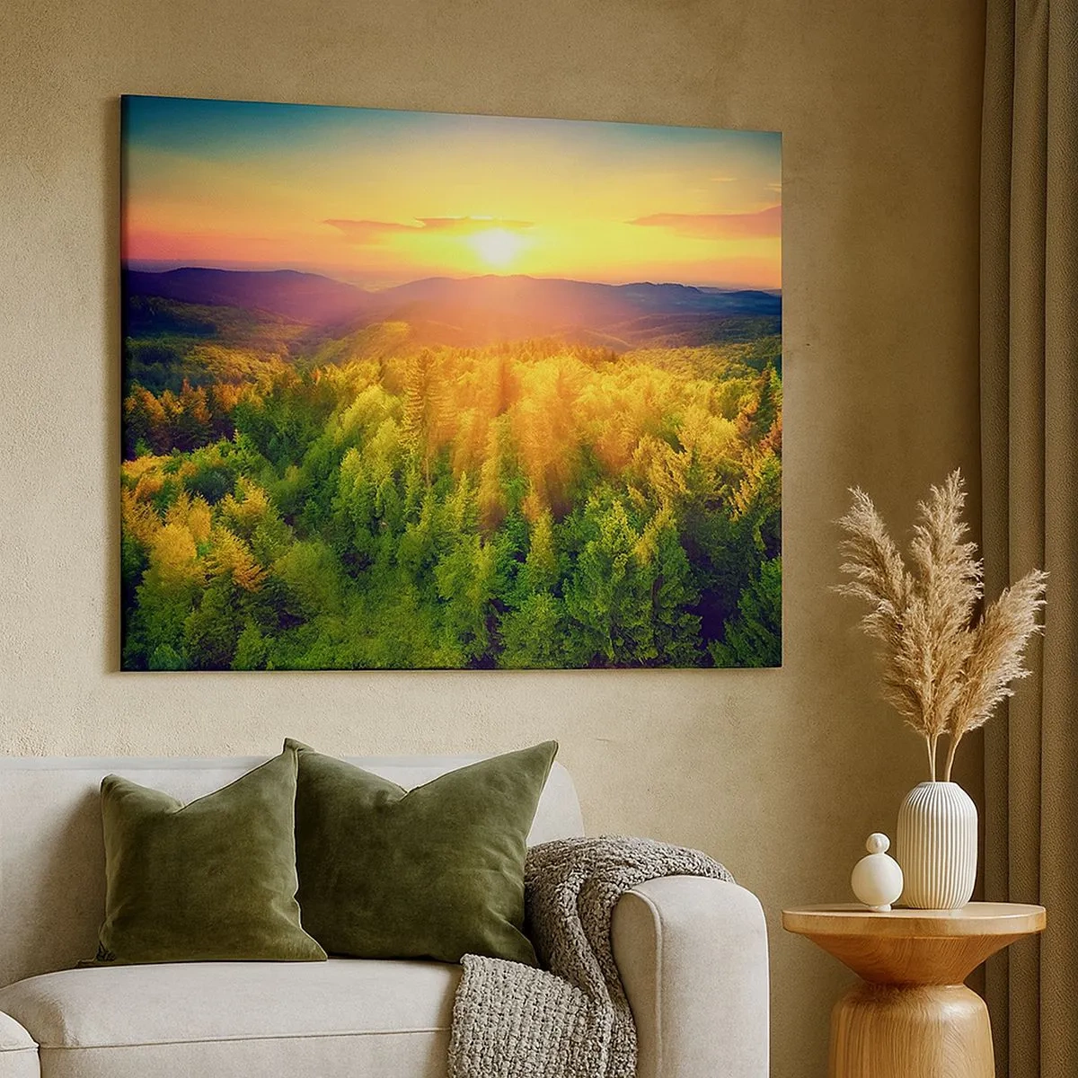 Cuadro sobre lienzo - Impresión de Imagen - Paisaje forestal con puesta de sol sobre las colinas - 70x50cm - Desde lo alto - Decoración de pared moderna para salón y dormitorio ARTTOR