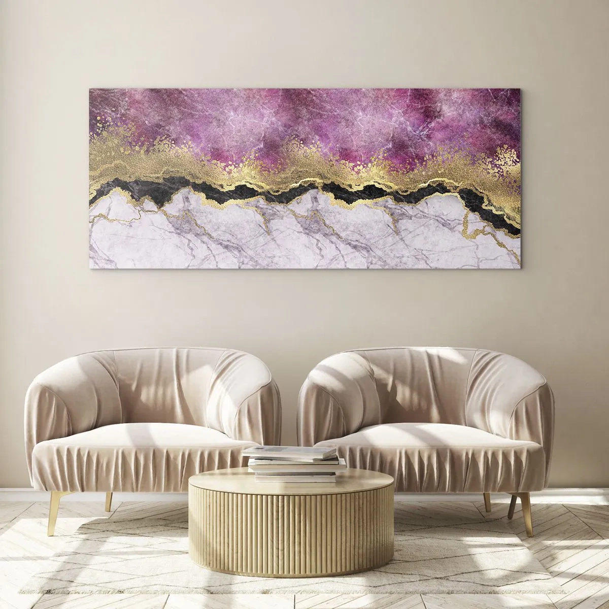 Cuadro sobre vidrio - Impresiones sobre Vidrio - Mármol abstracto en tonos rosa con acentos dorados. - 140x50cm - En la frontera - Decoración de pared moderna para salón y dormitorio ARTTOR