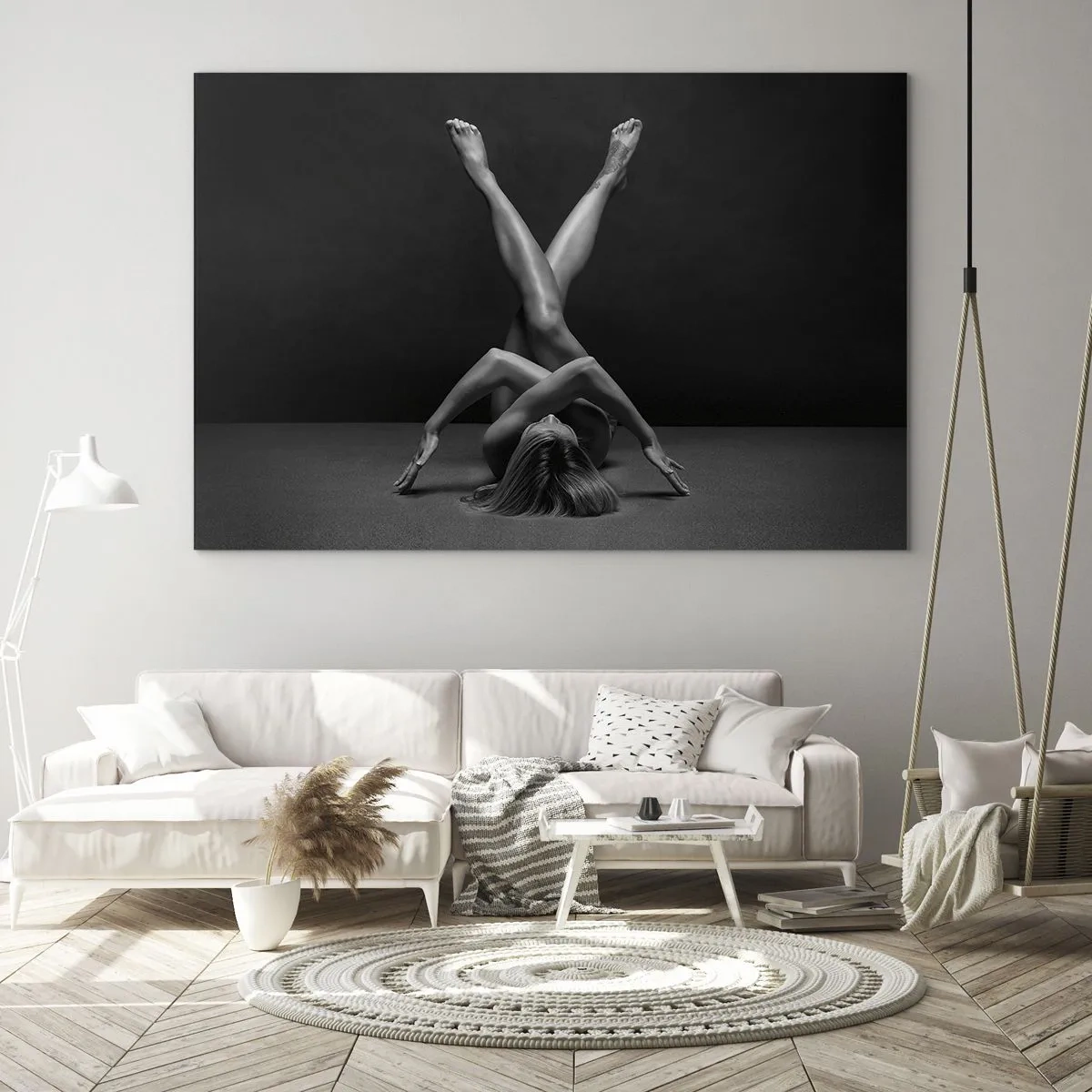 Cuadro sobre vidrio - Impresiones sobre Vidrio - Desnudo femenino en una composición corporal geométrica - 120x80cm - Geometría al desnudo - Decoración de pared moderna para salón y dormitorio ARTTOR