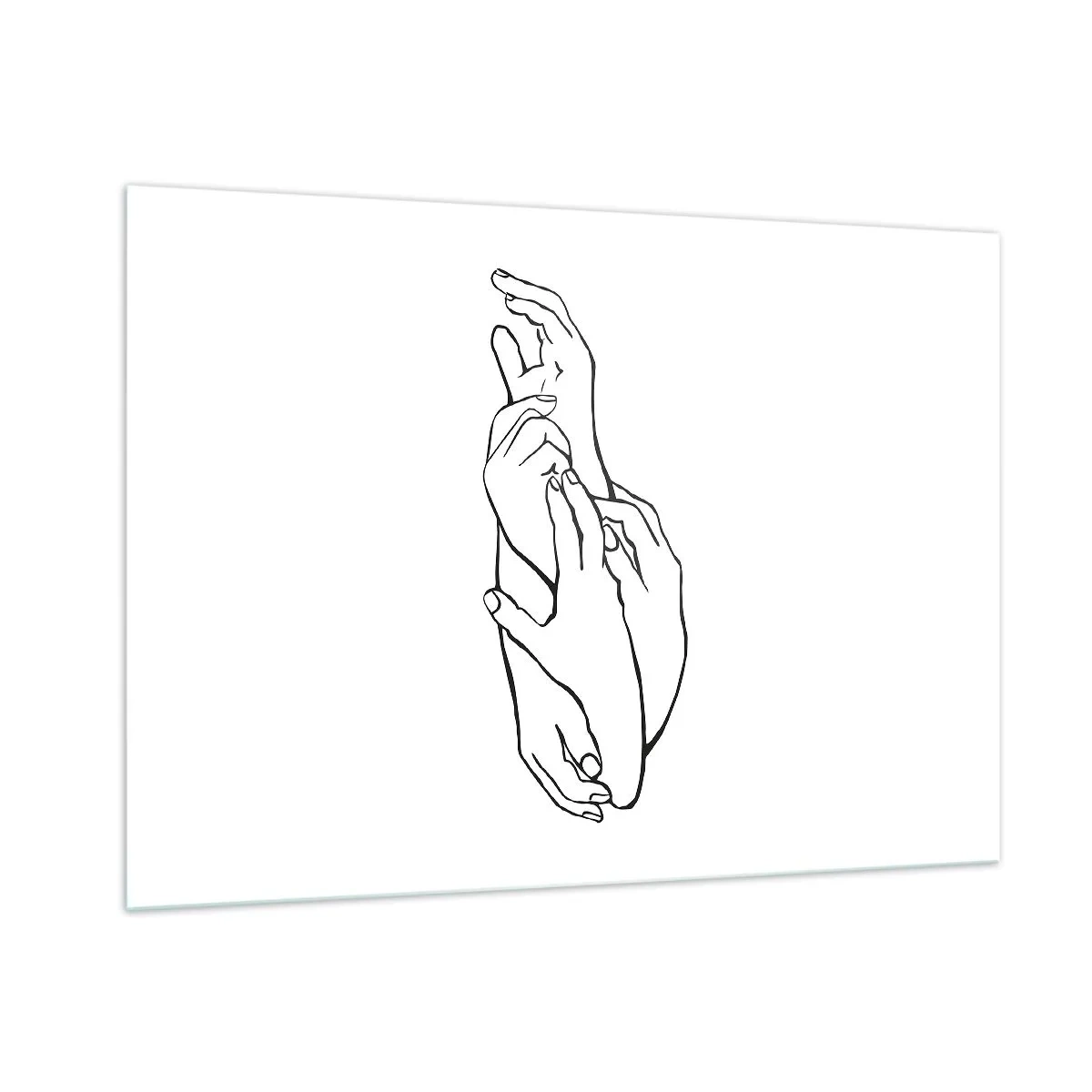 Cuadro sobre vidrio - Impresiones sobre Vidrio - Un sutil dibujo lineal de manos entrelazadas sobre un fondo blanco. - 100x70cm - El tacto - Decoración de pared moderna para salón y dormitorio ARTTOR
