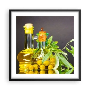 Póster en marco negro - Bodegón con aceitunas y aceite - 50x50 cm