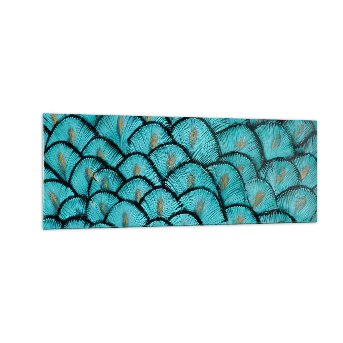 Cuadro sobre vidrio - Impresiones sobre Vidrio - Un patrón que se asemeja a escamas turquesas con acentos dorados. - 140x50cm - La gran gala de las plumas - Decoración de pared moderna para salón y dormitorio ARTTOR