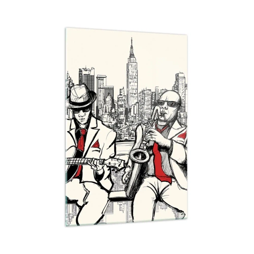 Cuadro sobre vidrio - Impresiones sobre Vidrio - Un dúo de jazz con saxofón y guitarra con la ciudad como telón de fondo. - 70x100cm - Improvisación en Nueva York - Decoración de pared moderna para salón y dormitorio ARTTOR