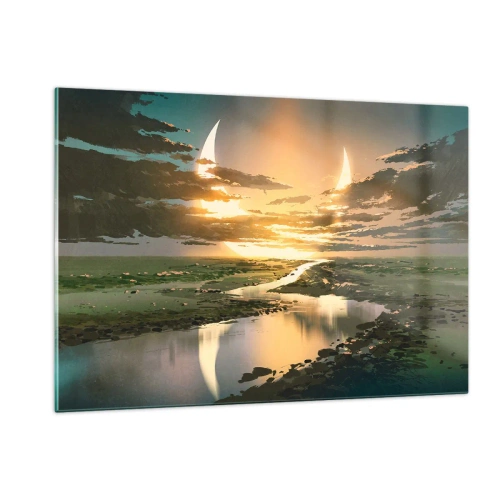 Cuadro sobre vidrio - Impresiones sobre Vidrio - Un paisaje fantástico con una luna doble sobre el río. - 120x80cm - En algún lugar de una galaxia muy, muy lejana - Decoración de pared moderna para salón y dormitorio ARTTOR