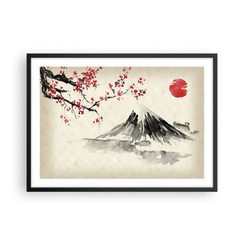 Póster en marco negro - Un paisaje pintoresco con una montaña, cerezos en flor y sol. - 70x50cm - Enamórate de Japón - Decoración de pared moderna para salón y dormitorio ARTTOR